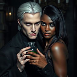 Draco Malfoy, a character from Harry Potter, with a dark, brooding expression, standing closely beside Liv, a striking dark-skinned woman