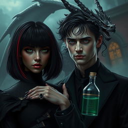 A dark and romantic scene featuring Draco Malfoy from the Harry Potter universe standing alongside Liv, a striking character with dark skin and a villainous aura
