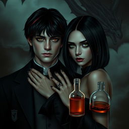 A dark and romantic scene featuring Draco Malfoy from the Harry Potter universe standing alongside Liv, a striking character with dark skin and a villainous aura