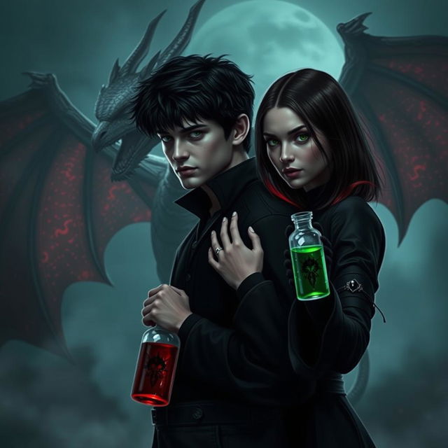 A dark and romantic scene featuring Draco Malfoy from the Harry Potter universe standing alongside Liv, a striking character with dark skin and a villainous aura