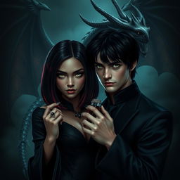 A dark and romantic scene featuring Draco Malfoy from the Harry Potter universe standing alongside Liv, a striking character with dark skin and a villainous aura