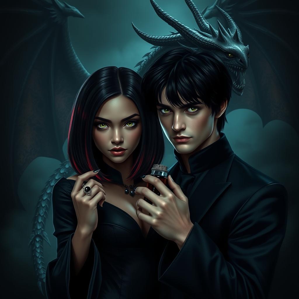 A dark and romantic scene featuring Draco Malfoy from the Harry Potter universe standing alongside Liv, a striking character with dark skin and a villainous aura