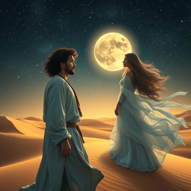 A romantic and mystical scene inspired by the legendary love story of Layla and Majnun