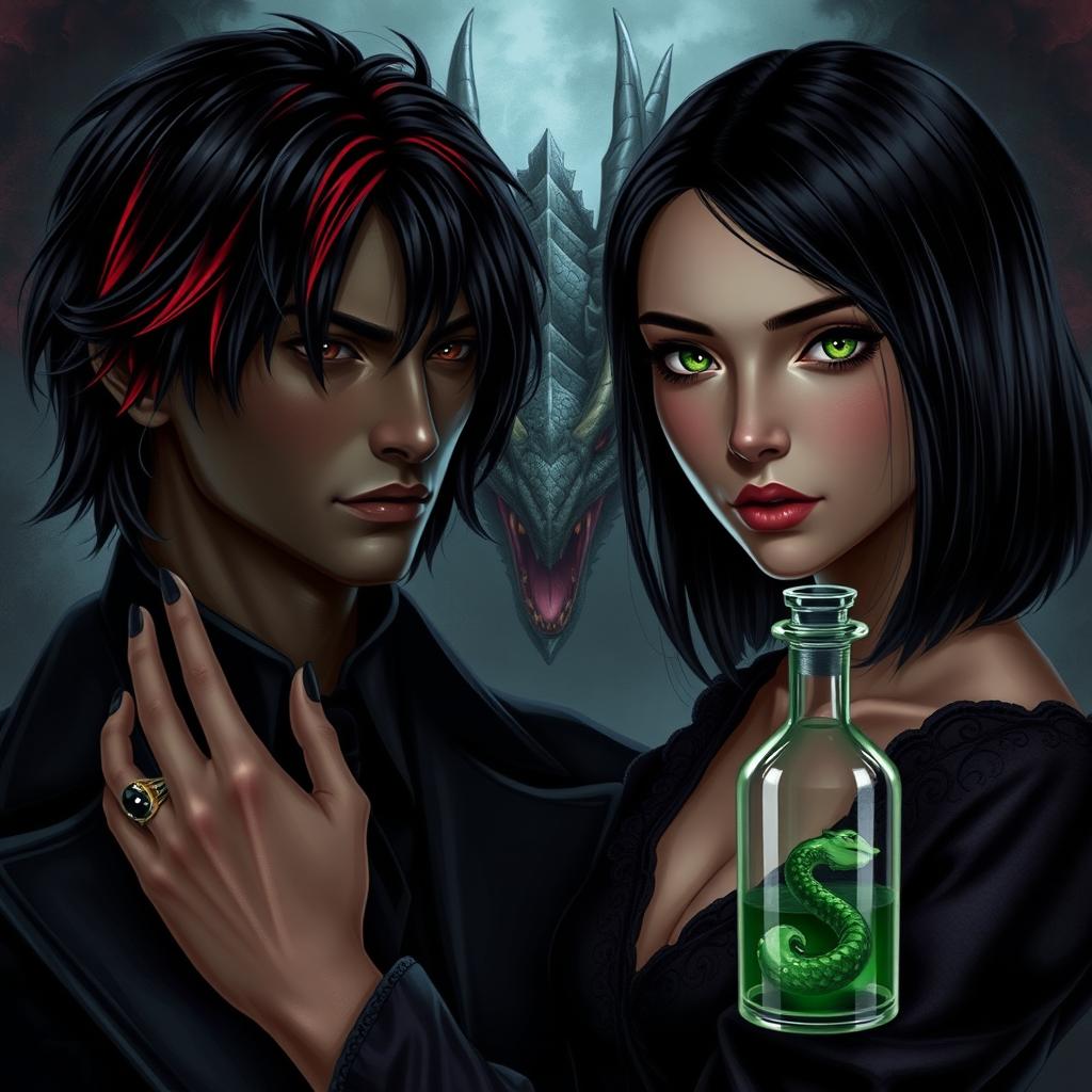 A captivating dark romance scene featuring Draco Malfoy from the Harry Potter series alongside Liv, a fierce character with dark skin and an imposing villainous presence