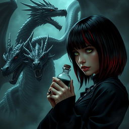 A captivating dark romance scene featuring Draco Malfoy from the Harry Potter series alongside Liv, a fierce character with dark skin and an imposing villainous presence