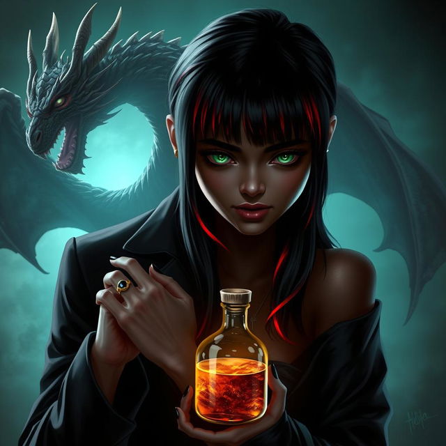 A captivating dark romance scene featuring Draco Malfoy from the Harry Potter series alongside Liv, a fierce character with dark skin and an imposing villainous presence