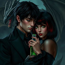 A captivating dark romance scene featuring Draco Malfoy from the Harry Potter series alongside Liv, a fierce character with dark skin and an imposing villainous presence