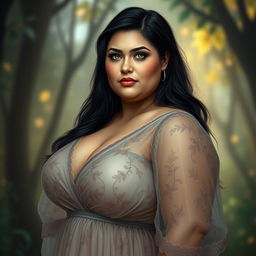 A plump woman with long black hair and green eyes, standing confidently in a sheer, flowing gown that drapes elegantly around her figure