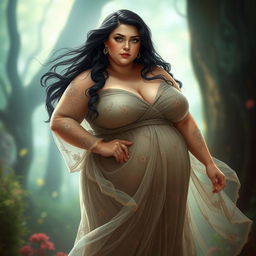 A plump woman with long black hair and green eyes, standing confidently in a sheer, flowing gown that drapes elegantly around her figure