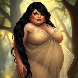 A plump woman with long black hair and green eyes, standing confidently in a sheer, flowing gown that drapes elegantly around her figure