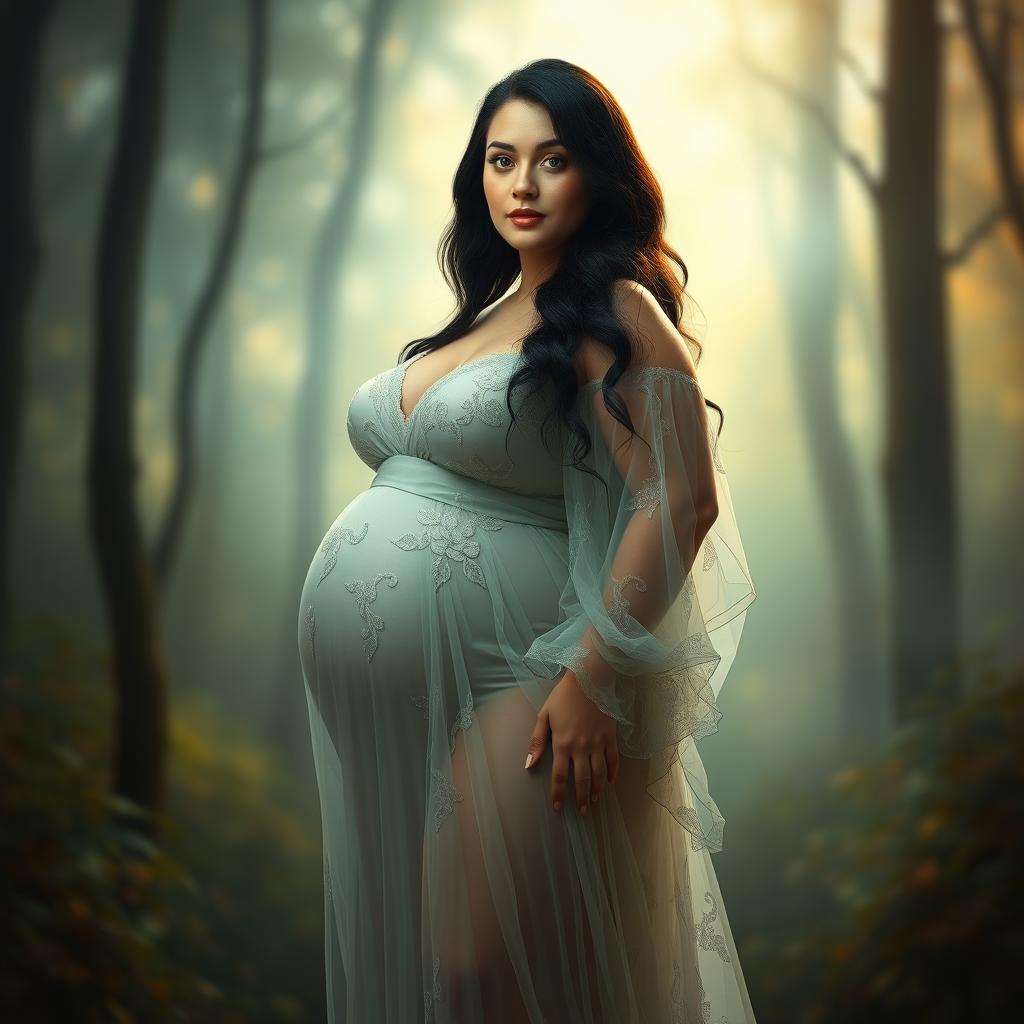 A plump woman with long black hair and green eyes, standing confidently in a sheer, flowing gown that drapes elegantly around her figure