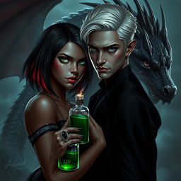 A dramatic dark romance scene featuring Draco Malfoy from Harry Potter alongside a character named Liv, who has a rich, dark skin tone