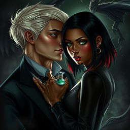 A dramatic dark romance scene featuring Draco Malfoy from Harry Potter alongside a character named Liv, who has a rich, dark skin tone