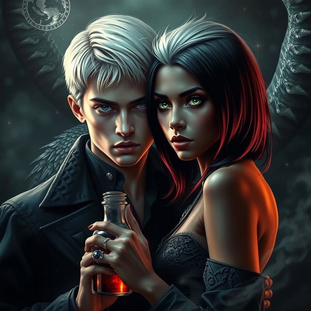 A dramatic dark romance scene featuring Draco Malfoy from Harry Potter alongside a character named Liv, who has a rich, dark skin tone