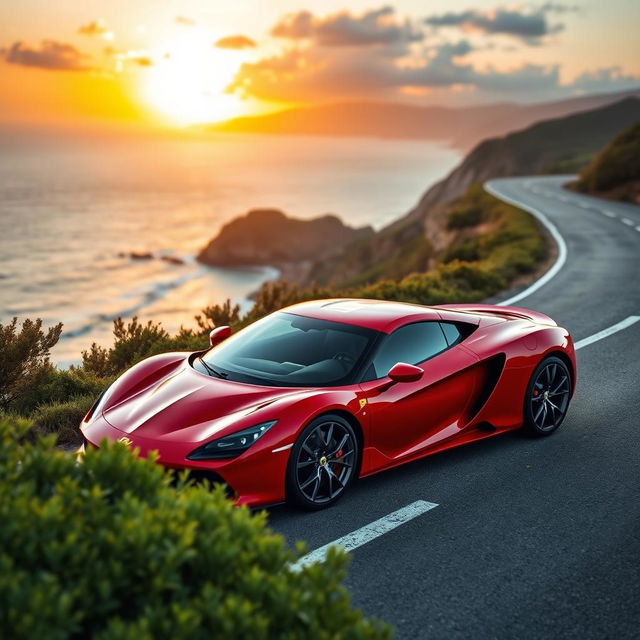 A stunning luxury car parked on a scenic coastal road, showcasing its sleek design with a glossy finish