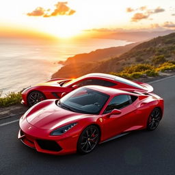 A stunning luxury car parked on a scenic coastal road, showcasing its sleek design with a glossy finish