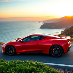 A stunning luxury car parked on a scenic coastal road, showcasing its sleek design with a glossy finish