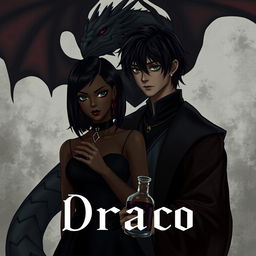 A dark romance scene featuring Draco Malfoy from the Harry Potter series and a character named Liv, who has dark skin