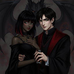 A dark romance scene featuring Draco Malfoy from the Harry Potter series and a character named Liv, who has dark skin