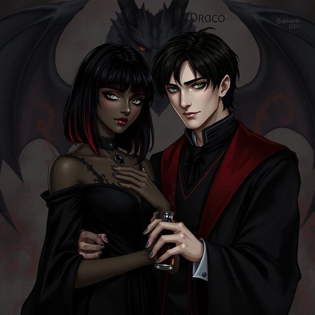 A dark romance scene featuring Draco Malfoy from the Harry Potter series and a character named Liv, who has dark skin