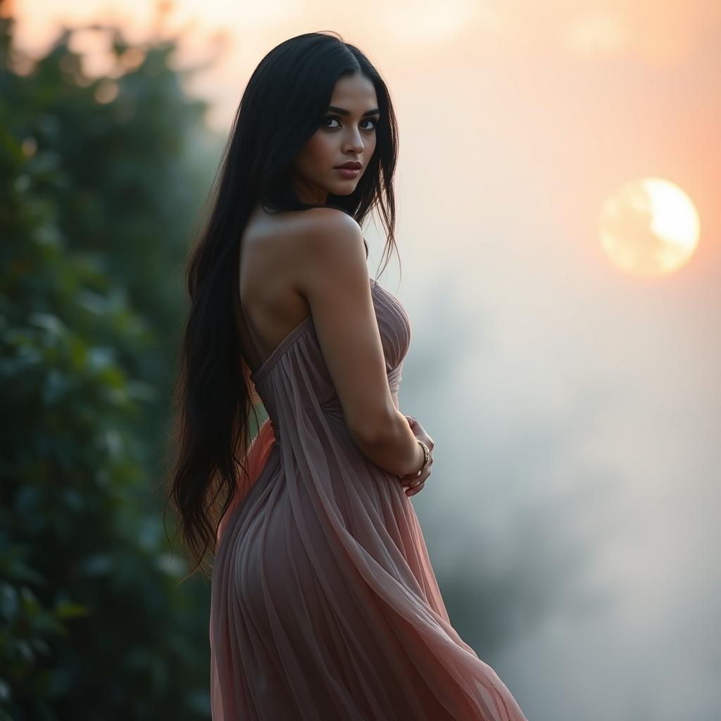 A beautiful, alluring woman with black hair and olive skin, standing gracefully