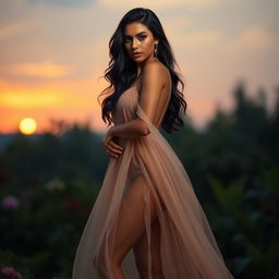 A beautiful, alluring woman with black hair and olive skin, standing gracefully