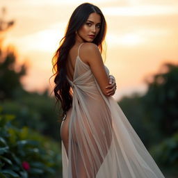 A beautiful, alluring woman with black hair and olive skin, standing gracefully