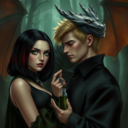 A dramatic and dark romantic scene featuring Draco Malfoy from the Harry Potter series alongside Liv, a fierce character with a strong villainous aura