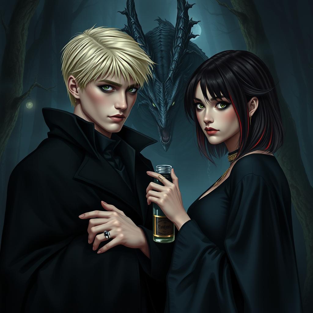 A dramatic and dark romantic scene featuring Draco Malfoy from the Harry Potter series alongside Liv, a fierce character with a strong villainous aura