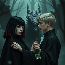A dramatic and dark romantic scene featuring Draco Malfoy from the Harry Potter series alongside Liv, a fierce character with a strong villainous aura