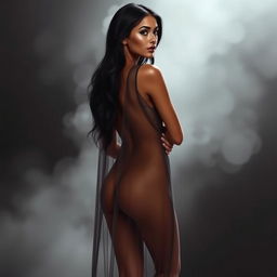 A beautiful woman with long black hair and an olive skin tone, dressed in a thin, flowing, long garment