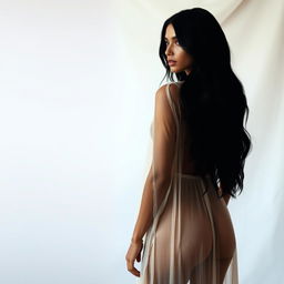A beautiful woman with long black hair and an olive skin tone, dressed in a thin, flowing, long garment