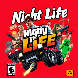 A vibrant and engaging video game cover illustration featuring iconic characters from GTA San Andreas and Minecraft amidst a vivid red splattered background