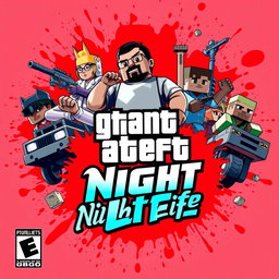 A vibrant and engaging video game cover illustration featuring iconic characters from GTA San Andreas and Minecraft amidst a vivid red splattered background