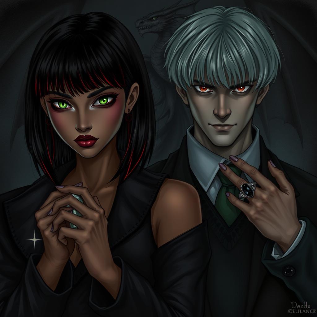 A dark and moody scene featuring Draco Malfoy from the Harry Potter series alongside a new character named Liv
