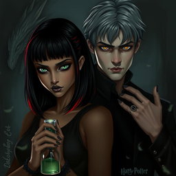 A dark and moody scene featuring Draco Malfoy from the Harry Potter series alongside a new character named Liv