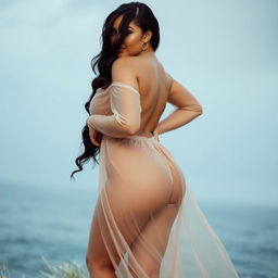 A beautiful curvy woman with long black hair, wearing a sheer, flowing, long dress that is slightly see-through, revealing her body from behind