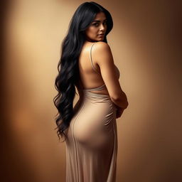 A beautiful curvy woman with long black hair, wearing a thin, long dress that slightly reveals her body from behind