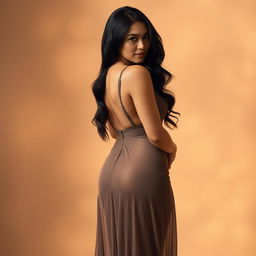 A beautiful curvy woman with long black hair, wearing a thin, long dress that slightly reveals her body from behind