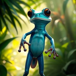A vibrant blue humanoid frog standing upright, resembling a mix between an amphibian and a human