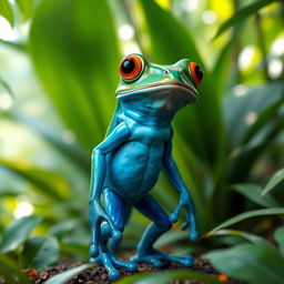 A vibrant blue humanoid frog standing upright, resembling a mix between an amphibian and a human