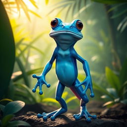 A vibrant blue humanoid frog standing upright, resembling a mix between an amphibian and a human