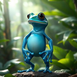 A vibrant blue humanoid frog standing upright, resembling a mix between an amphibian and a human