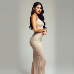 A full-body portrait of a confident adult woman with long black hair wearing a fitted, sheer, long dress that subtly reveals her figure