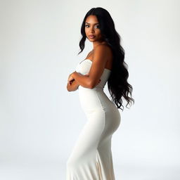 A full-body portrait of a confident adult woman with long black hair wearing a fitted, sheer, long dress that subtly reveals her figure