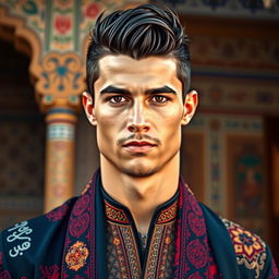 A portrait of a famous football player resembling Cristiano Ronaldo, infused with Persian cultural elements