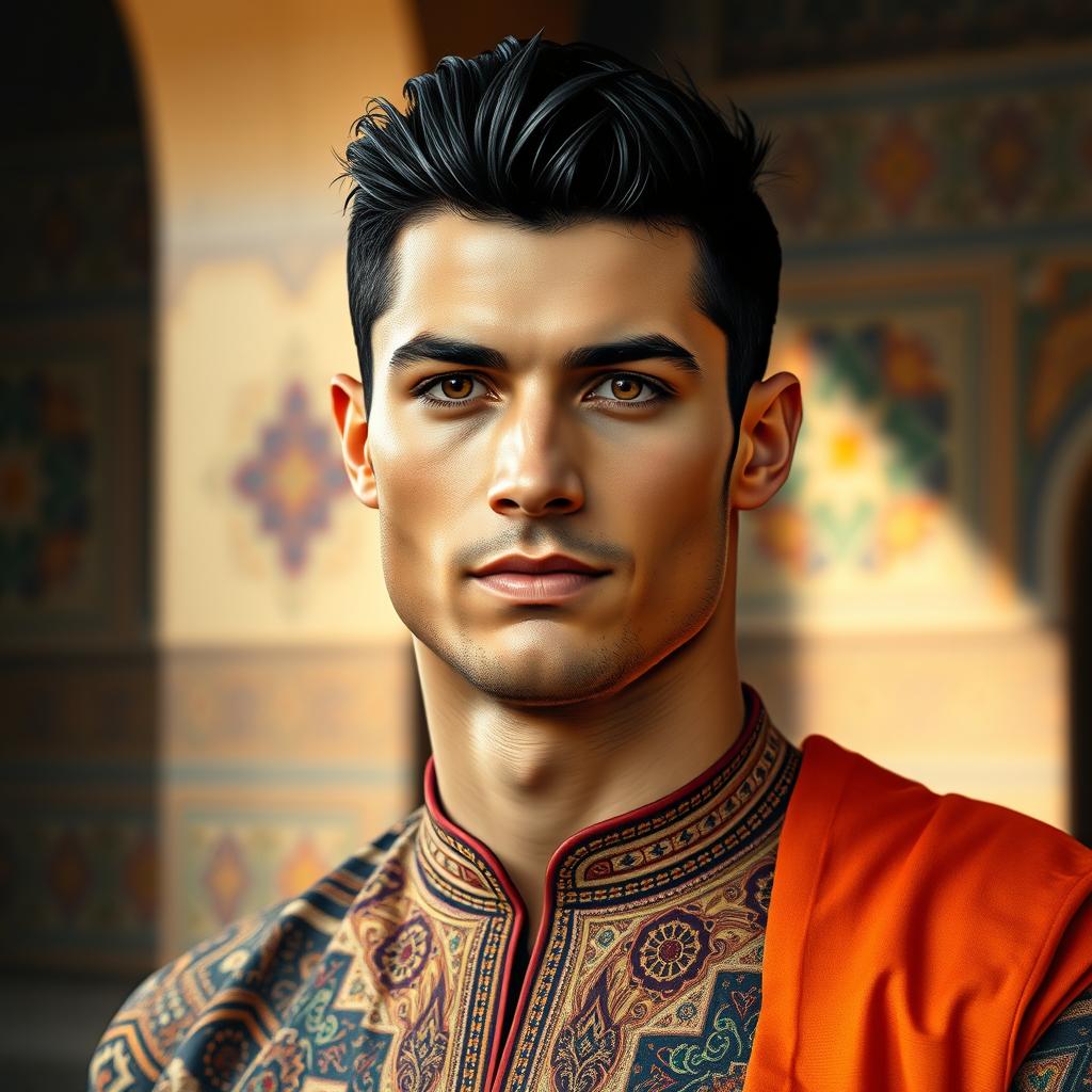 A portrait of a famous football player resembling Cristiano Ronaldo, infused with Persian cultural elements