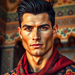 A portrait of a famous football player resembling Cristiano Ronaldo, infused with Persian cultural elements