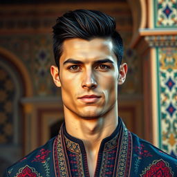 A portrait of a famous football player resembling Cristiano Ronaldo, infused with Persian cultural elements