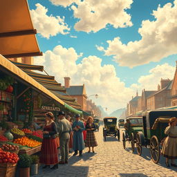 A vibrant and nostalgic scene depicting life in a bustling marketplace from the early 1900s, filled with colorful stalls selling fruits, vegetables, and handmade goods